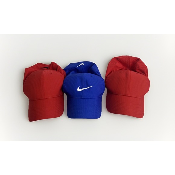Nike Dri Fit Hats Lot Of 3 Golf Running Caps Adjustable Back Swoosh‎ Red/Blue - Picture 1 of 10